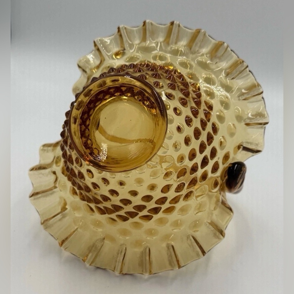 Vintage Amber Hobnail Glass Basket Ruffled Edge Applied Handle Candy Dish - Picture 5 of 9